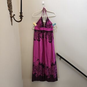 Vtg Y2k Donna Morgan 100% Silk Floral Halter Maxi Dress Fuchsia Empire Waist